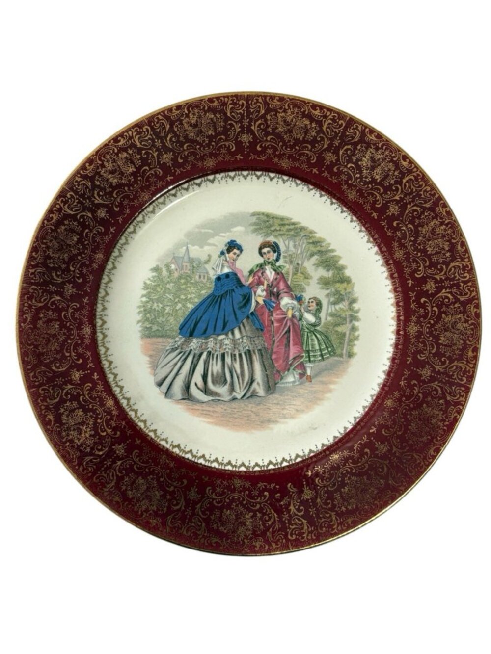 Vintage Imperial by Salem China Plate 23K Gold Red Border 10.5" Victorian Ladies